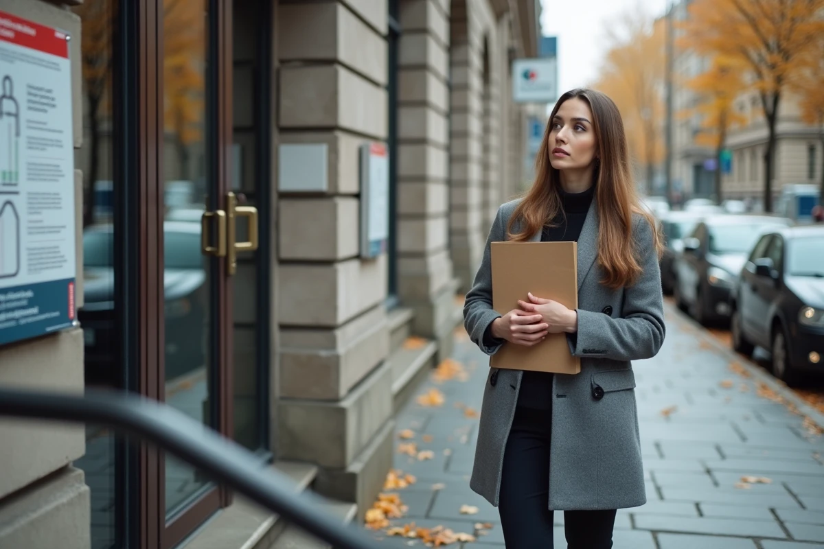 Jeune femme devant un bâtiment de services sociaux publics illustrant l'accès aux politiques sociales de l'État