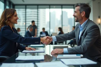 Deux professionnels signant un accord de partenariat commercial dans une salle de réunion moderne, illustrant le principe de l'externalisation d'activités en entreprise.