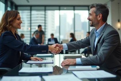 Deux professionnels signant un accord de partenariat commercial dans une salle de réunion moderne, illustrant le principe de l'externalisation d'activités en entreprise.