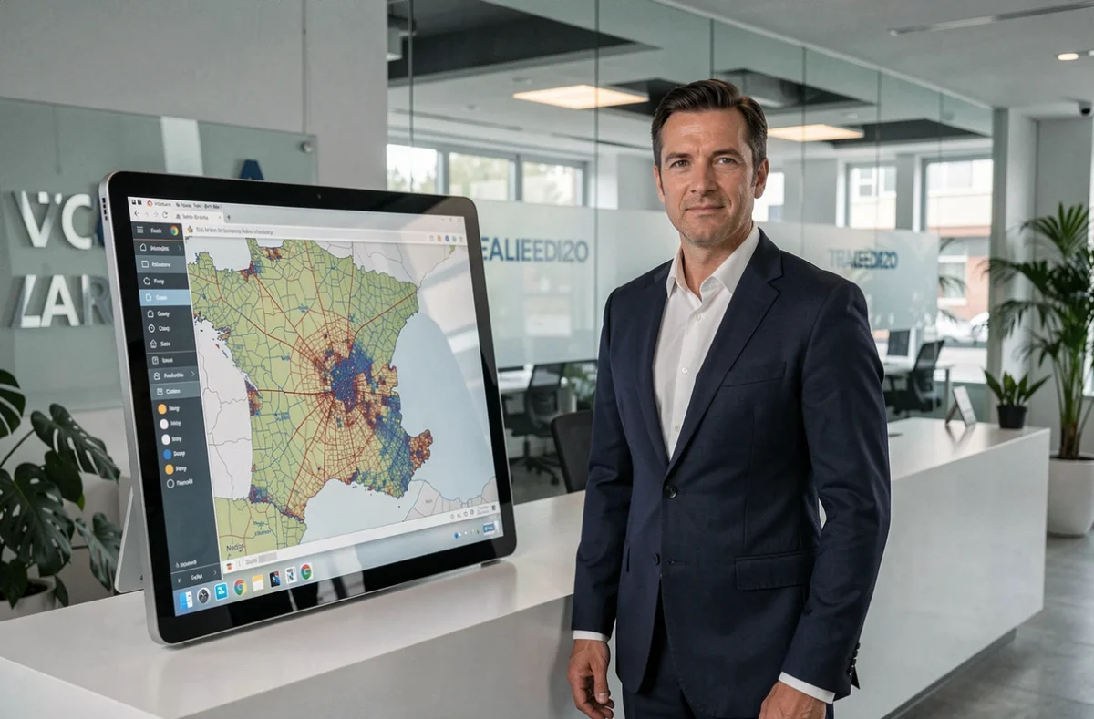 Directeur de l'agence Adgentia présentant une carte de référencement local du sud de la France sur écran tactile interactif