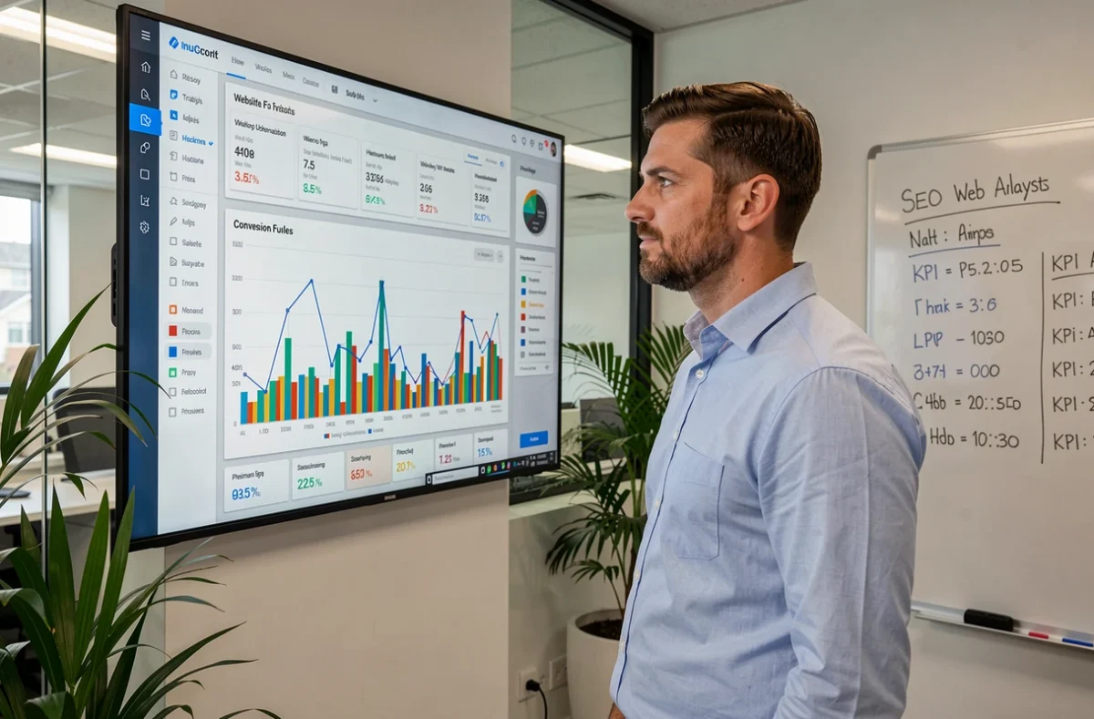 Analyste web de l'agence Beeview étudiant un tableau de bord de métriques SEO et de trafic web
