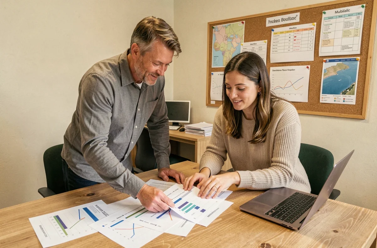 Équipe de l'agence BTG Muzillac collaborant sur des rapports d'analytique web dans leur bureau local du Morbihan