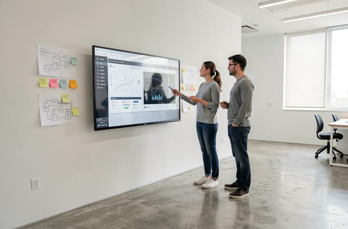 Équipe de l'agence ID Interactive examinant des wireframes UX sur un écran tactile dans un studio créatif