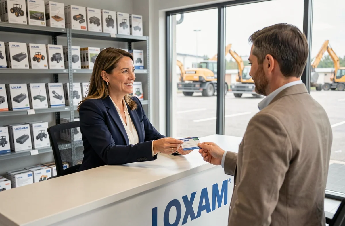 Conseillère en agence Loxam présentant une carte de fidélité à un client au comptoir