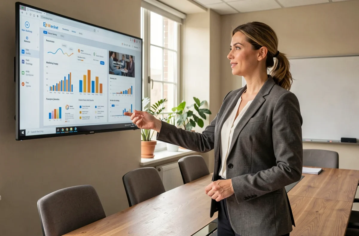 Consultante de Native Conseil présentant une stratégie de marketing digital lors d'une réunion professionnelle