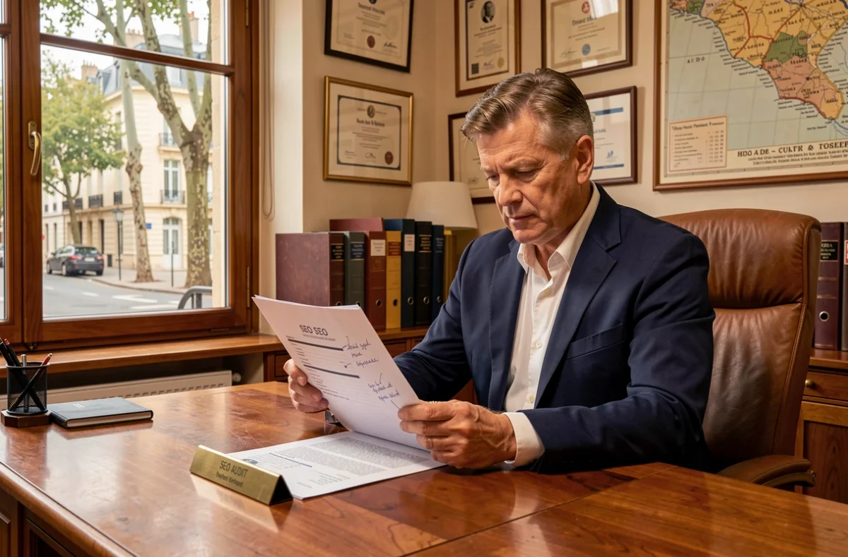 Fondateur de l'agence PETIT révisant un rapport d'audit SEO annoté à son bureau en chêne massif avec vue sur une rue provençale