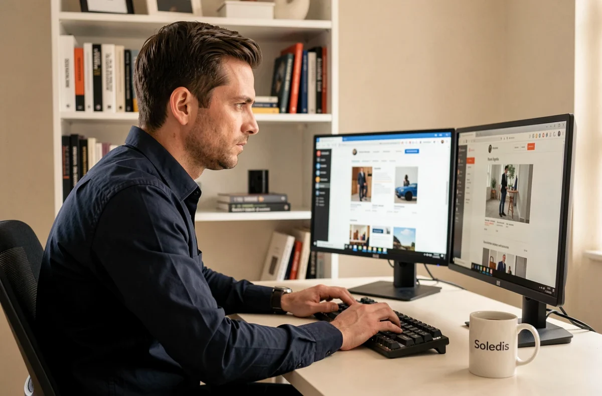 Développeur web de l'agence Soledis travaillant sur une interface e-commerce à son bureau