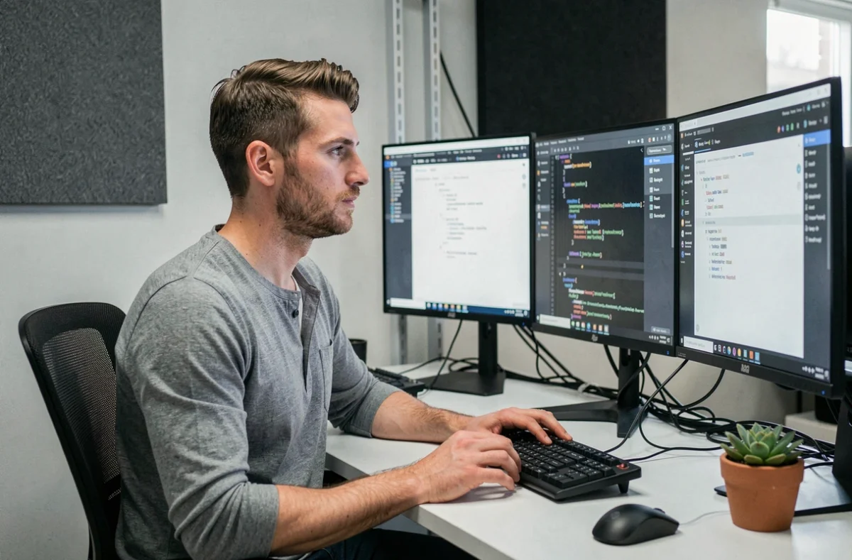 Développeur de l'agence Webapic codant une application web sur plusieurs écrans dans un bureau moderne