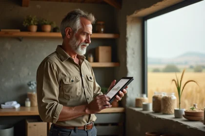 Agriculteur utilisant un logiciel de gestion Axereal Pro sur tablette dans un bureau de coopérative agricole moderne