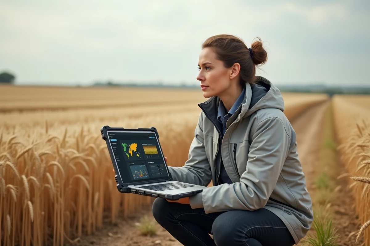 Agronome en plein champ consultant un tableau de bord de gestion agricole numérique sur ordinateur portable