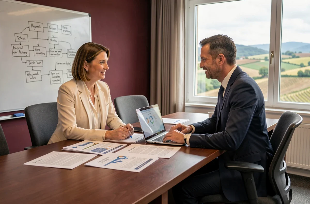 Deux consultants RH d'Alphea Conseil collaborant autour de documents de stratégie RH dans une salle de réunion avec vue sur la campagne bourguignonne