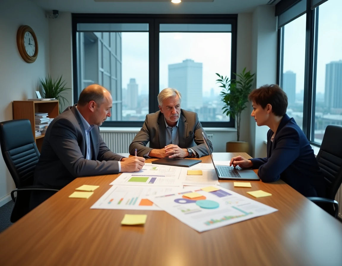 Trois professionnels en réunion analysent un problème avec des post-it et des diagrammes de causes racines sur une table de conférence en bois
