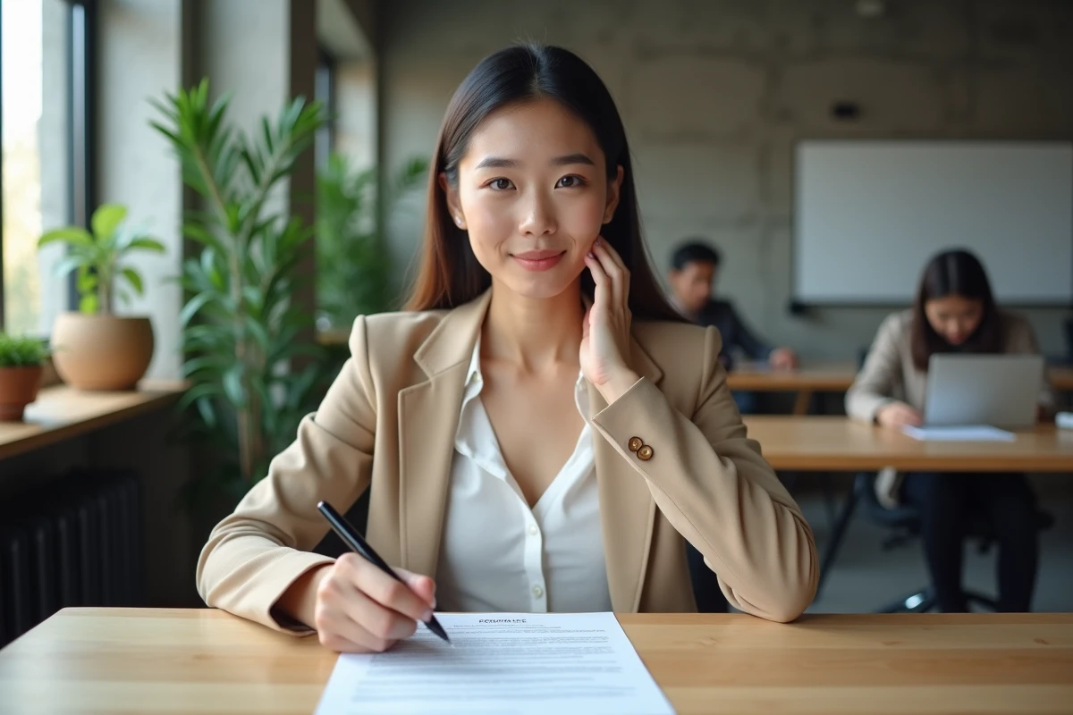 Jeune femme analysant les conditions de validité d'un contrat juridique dans un espace de travail moderne