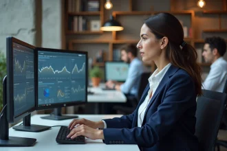 Une professionnelle du marketing digital analysant une plateforme SEO sur des écrans d'ordinateur dans un bureau moderne