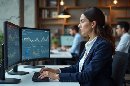 Une professionnelle du marketing digital analysant une plateforme SEO sur des écrans d'ordinateur dans un bureau moderne