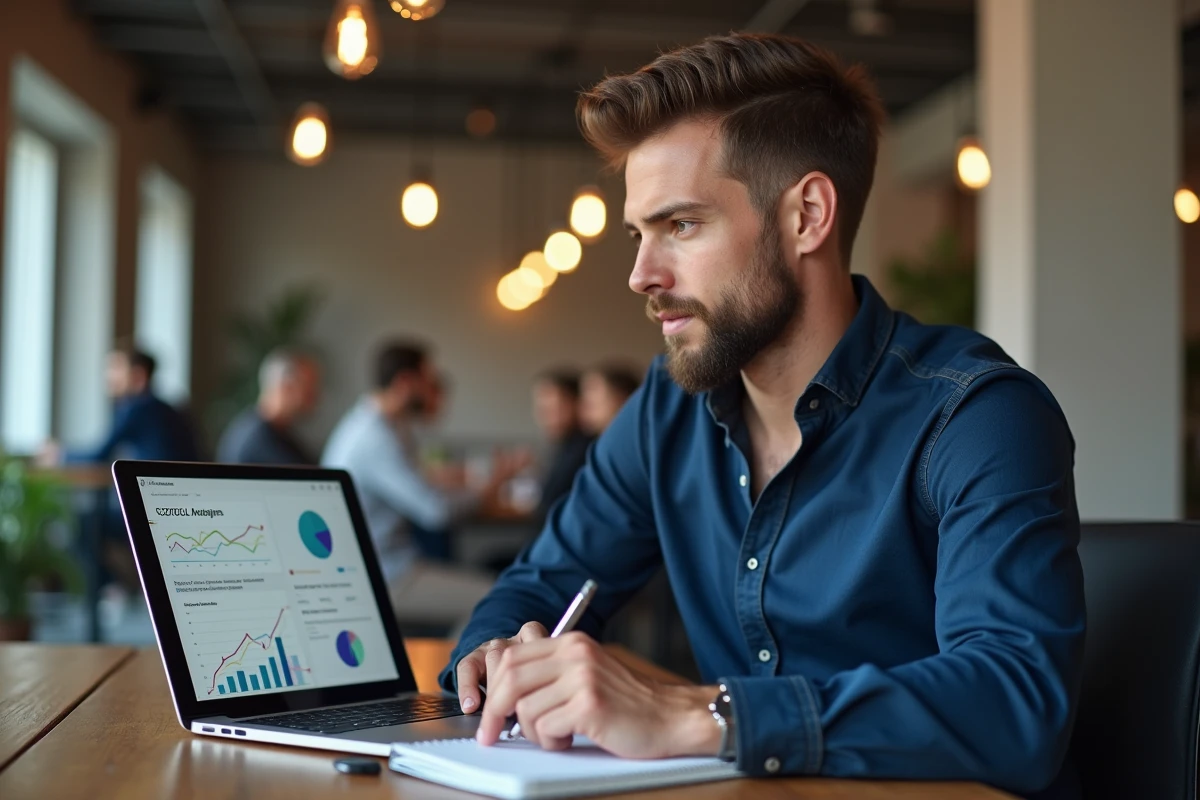 Homme analysant ses statistiques de réseaux sociaux dans un espace de coworking moderne avec carnet de notes