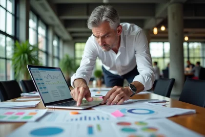 Analyste métier évaluant un tableau de bord ERP sur un ordinateur portable dans une salle de réunion moderne
