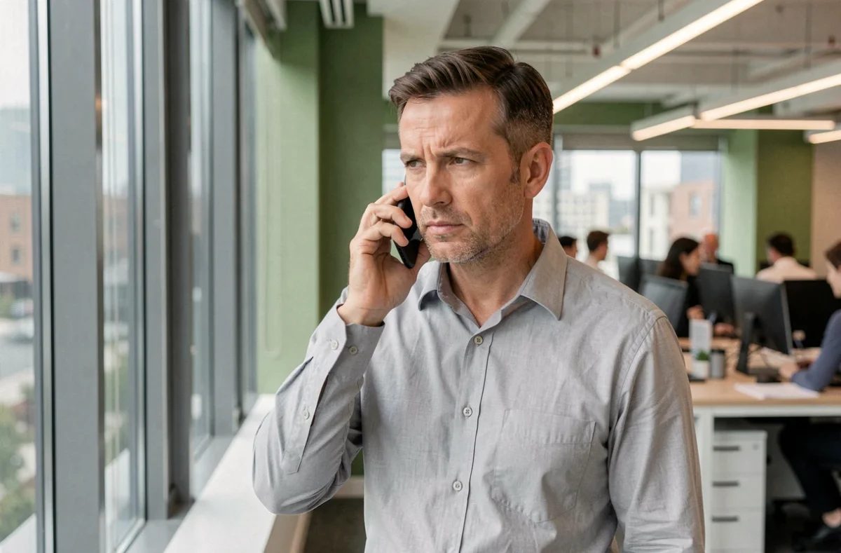 Homme en appel téléphonique avec le service client UPS dans un bureau professionnel moderne