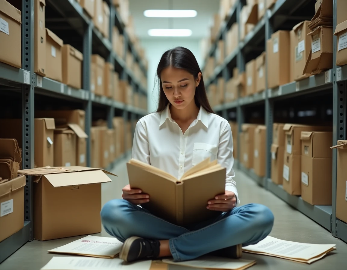 Jeune femme fouillant des archives physiques pour retrouver une entreprise fermée