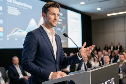 Arthur Mensch, PDG de Mistral AI, présentant lors d'une conférence technologique, sa grande taille visible depuis la salle