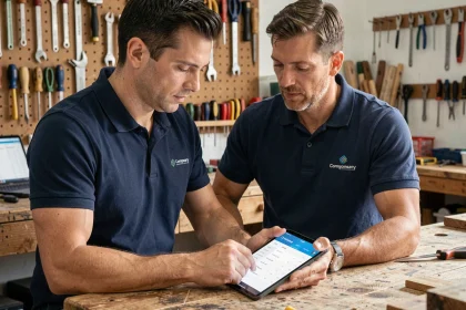 Artisan consultant une application de devis numérique sur tablette dans son atelier