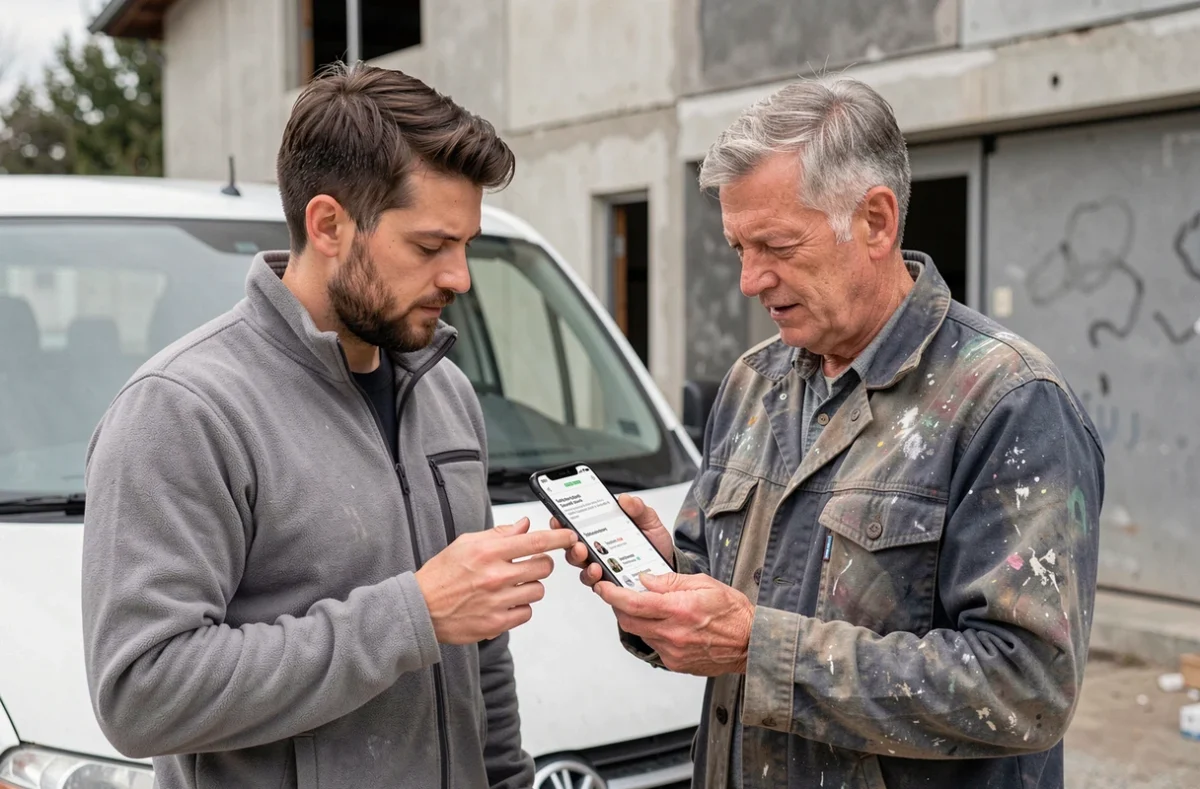 Deux artisans sur chantier consultant un devis en ligne sur smartphone devant leur camionnette