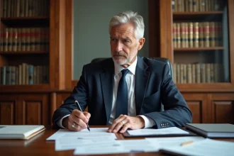 Avocat d'entreprise en redressement judiciaire examinant des documents légaux dans son bureau