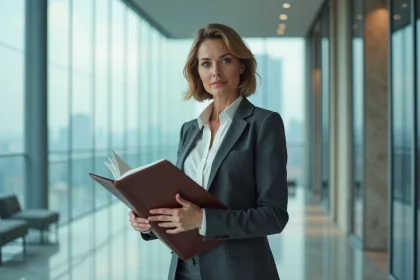 Avocate en droit des affaires debout dans le hall d'un cabinet juridique international moderne, tenant un portfolio en cuir, tenue professionnelle soignée