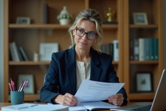 Avocate spécialisée en propriété intellectuelle consultant des documents juridiques dans un bureau professionnel