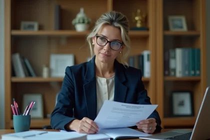 Avocate spécialisée en propriété intellectuelle consultant des documents juridiques dans un bureau professionnel