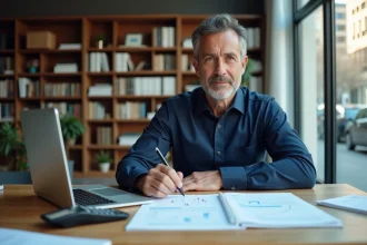 Comptable professionnel concentré sur des documents financiers dans un bureau bien organisé