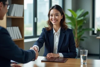 Femme souriante serrant la main à un recruteur à la fin d'un entretien d'embauche dans un bureau moderne