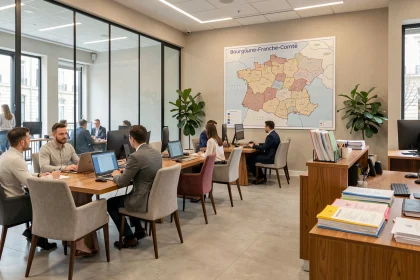 Bureau d'un cabinet de recrutement en Bourgogne-Franche-Comté avec des professionnels en entretien et une carte régionale au mur