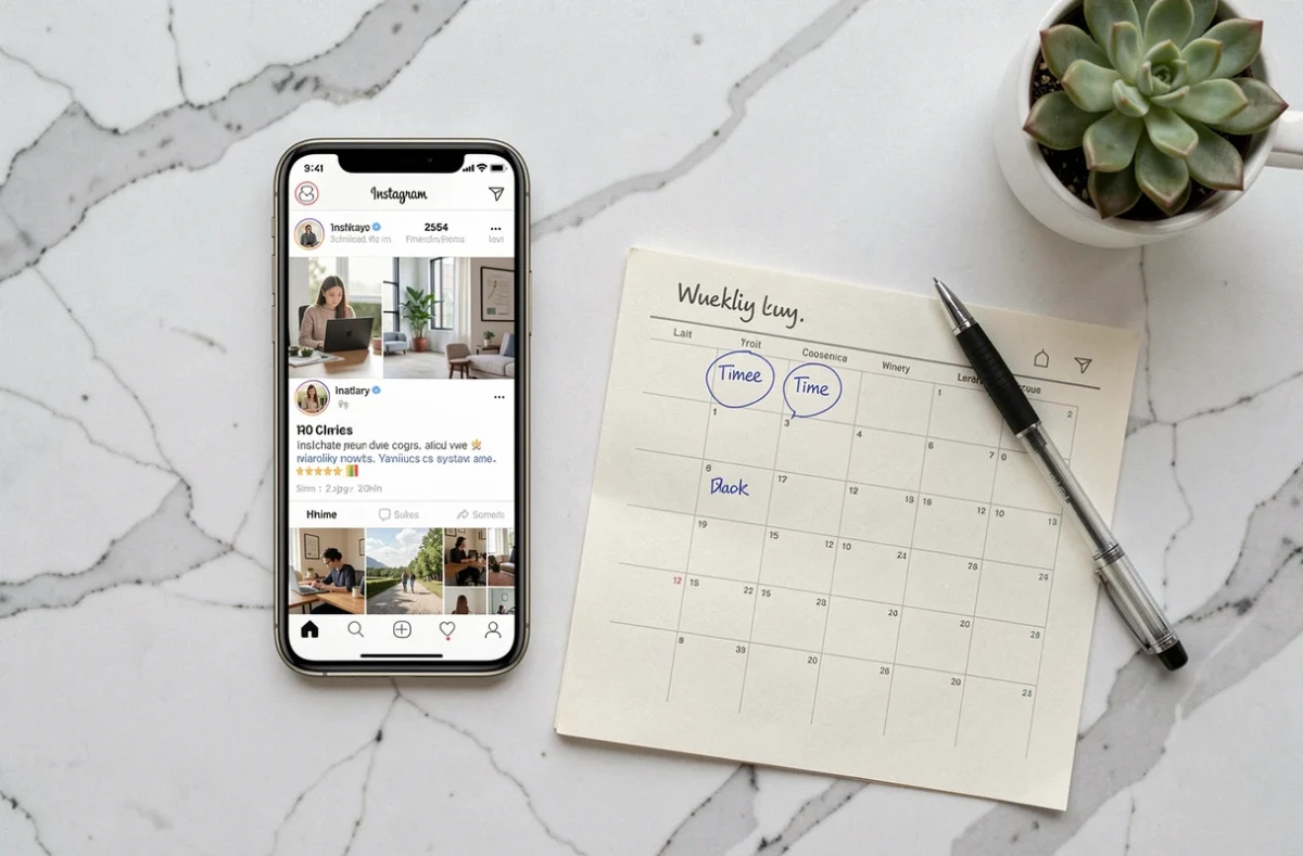 Vue aérienne d'un agenda papier et d'un smartphone affichant un calendrier de publication Instagram, illustrant la planification des meilleures heures pour poster