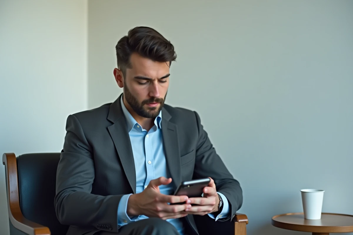 Jeune homme en costume consultant son téléphone après un entretien d'embauche dans une salle d'attente minimaliste