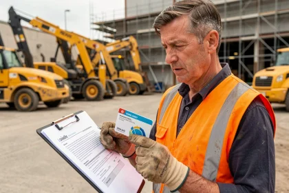 Chef de chantier tenant une carte de fidélité Loxam devant un parc de matériel de location