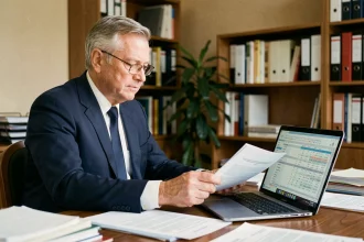 Chef d'entreprise senior consultant ses documents fiscaux pour une cession de commerce en vue d'un départ à la retraite