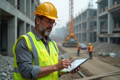 Chef de chantier BTP consultant une tablette numérique pour la gestion d'équipe sur un chantier de construction