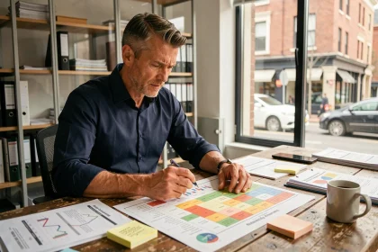Chef d'entreprise PME analysant une matrice de gestion des risques sur son bureau encombré de rapports financiers