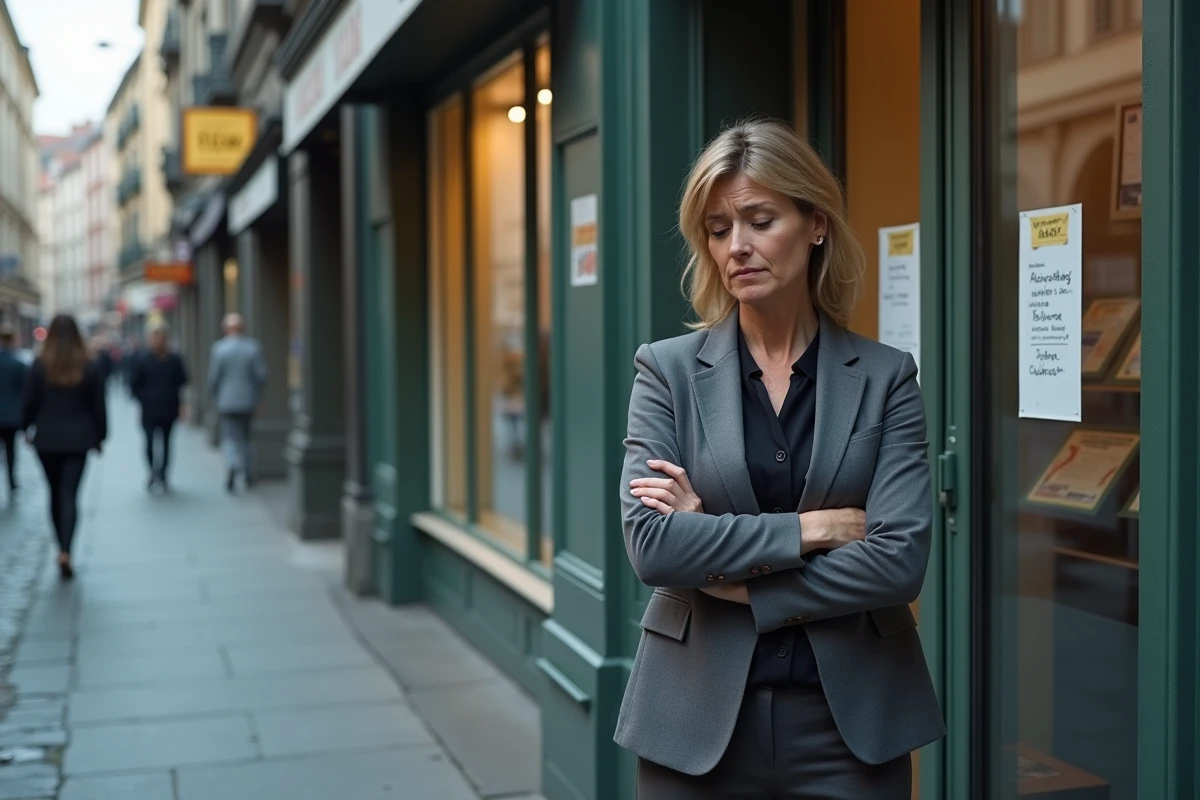 Cheffe d'entreprise devant son commerce fermé lors d'une procédure de redressement judiciaire