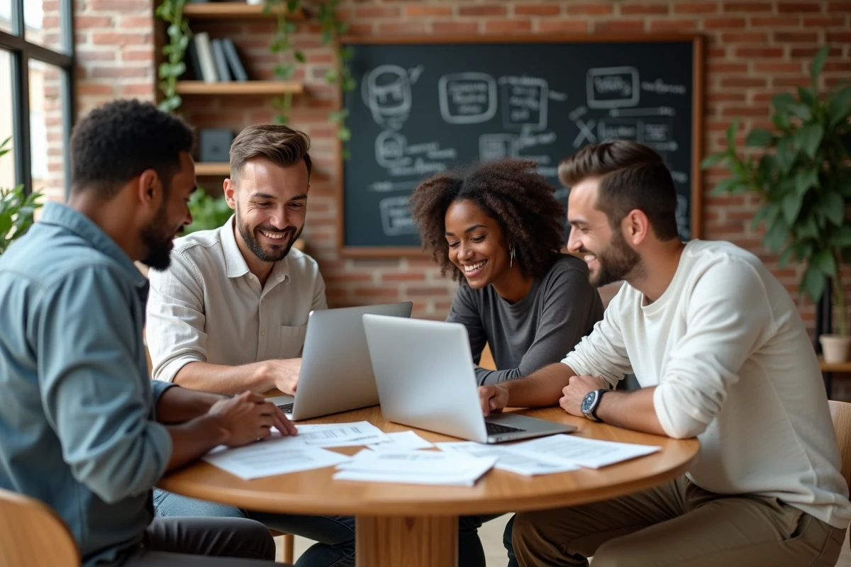 Équipe de jeunes professionnels collaborant autour de laptops dans un espace de travail créatif, symbolisant la culture de l'innovation et du leadership transformationnel