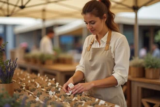 Femme arrangeant des sachets de tisane artisanale sur un stand de marché en plein air avec des étiquettes faites à la main