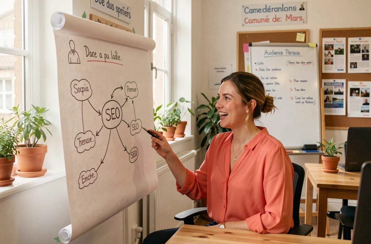 Consultante en communication de l'agence Communiquons présentant un diagramme d'intégration SEO et réseaux sociaux dans un espace de travail collaboratif chaleureux