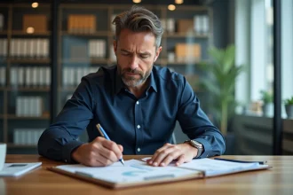 Comptable analysant des tableaux d'amortissement comptable au bureau, illustrant la gestion du compte 28 en entreprise