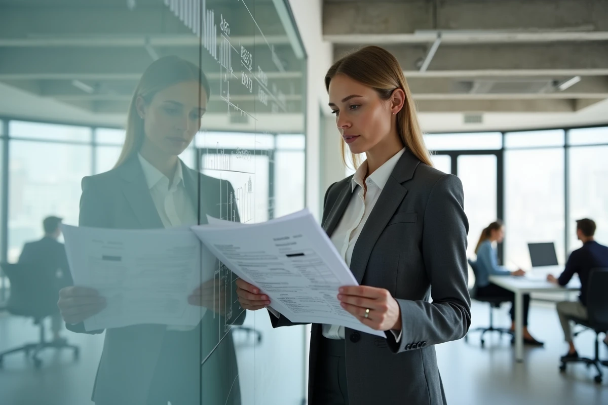 Comptable femme analysant des bilans financiers devant un tableau de données dans un cabinet moderne