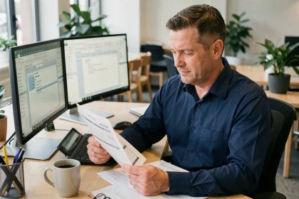 Comptable professionnel examinant une facture simplifiée à son bureau avec satisfaction