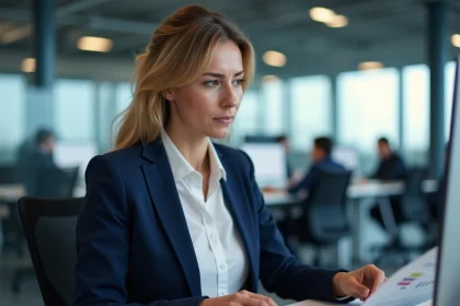 Comptable en entreprise analysant des données financières sur deux écrans dans un open space moderne, illustrant l'impact de la transformation numérique sur les métiers de la comptabilité