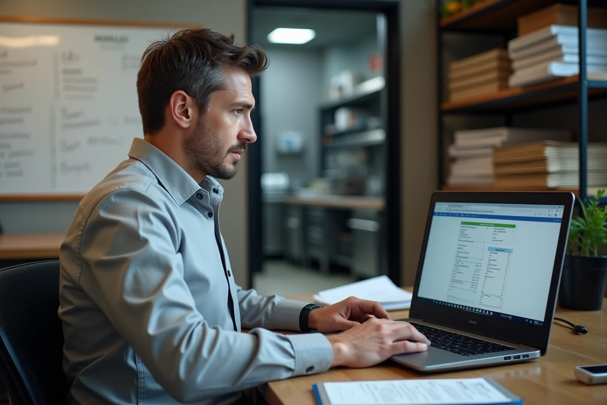 Gérant de restaurant configurant les paramètres d'encaissement sur le logiciel Menlog depuis un bureau administratif