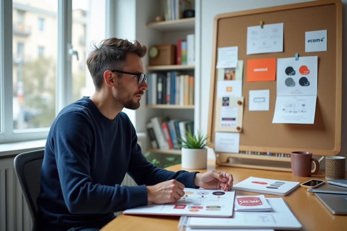 Consultant en branding travaillant seul dans un bureau à domicile avec des guides de style et des esquisses de logo