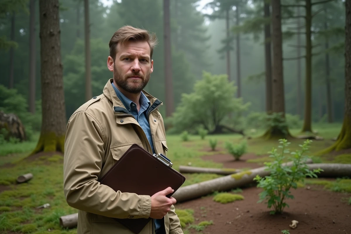 Consultant environnemental dans une forêt inspectant un projet de reforestation illustrant le pilier Planète de la RSE